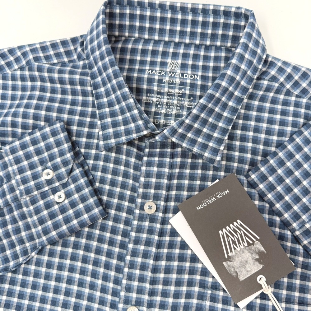 Mack Weldon Airflex Shirt Mens Medium True Navy Gingham Seawool‎ Performance NEW